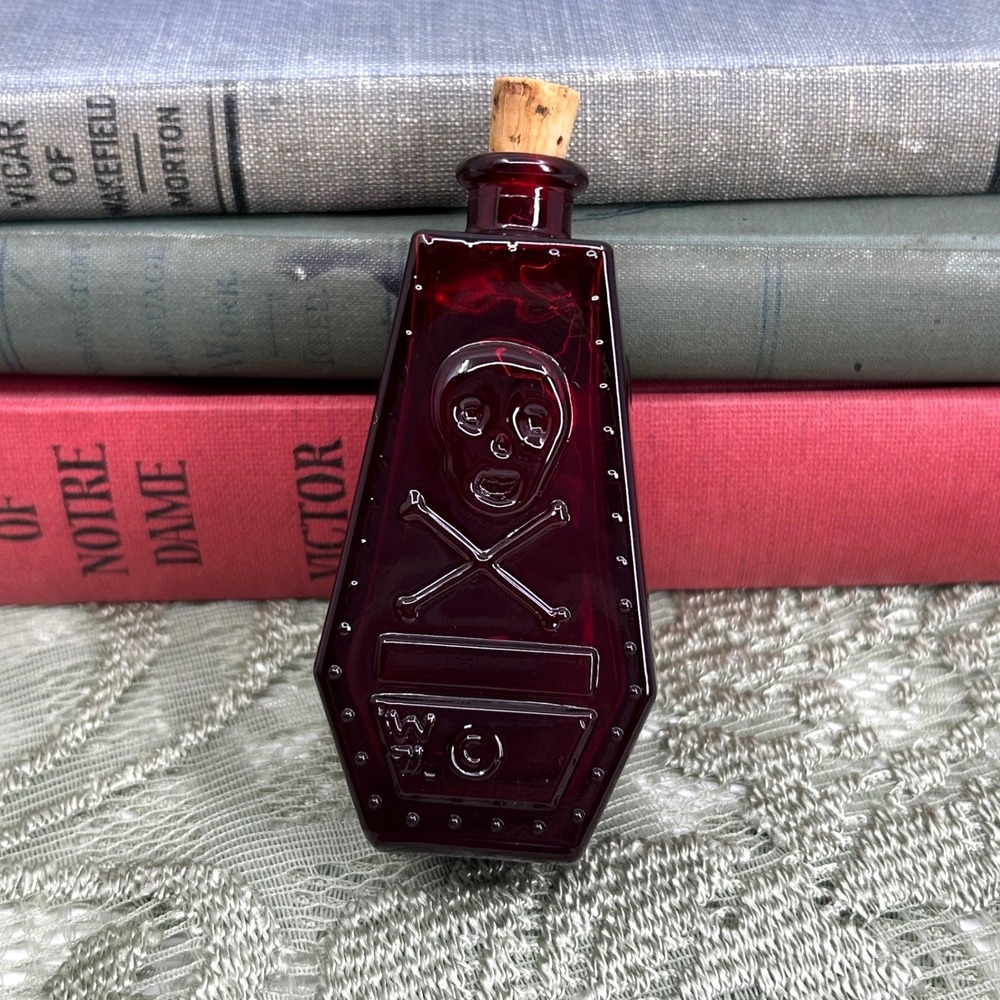Vintage Red Wheaton RIP Bottle Coffin Glass Poison Bottle Skull & Crossbones